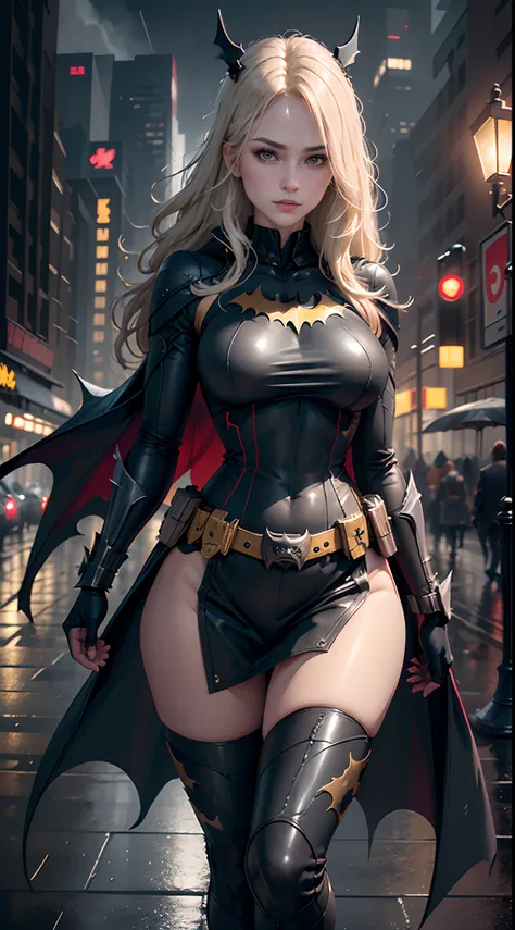 1girl, Full body, style of the Batwoman costume, medium breasts, Yellow Batman Logo on Chest and the belt, masterpiece, best quality, detailed skin texture, detailed costume, beautiful detailed face, intricate details, ultra detailed, straight Blonde hair,...