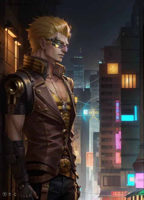 photo of grno, 1boy, night, city, wearing a tank top, steampunk setting，cyberpunk concept