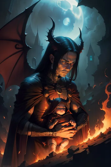 An image of a devil man with bat wings, holding a neglected baby, background is  the flames of hell, mood is degradation, decadence, alienation, mendacity, night time light, digital art, hyper realistic, 8k, unreal engine, character design, art by Peter Pa...