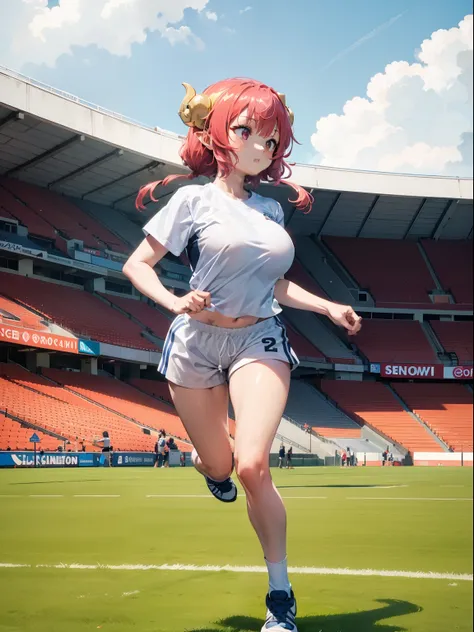 ilulu with a white shirt and white shorts (running)(football stadium)(full body)