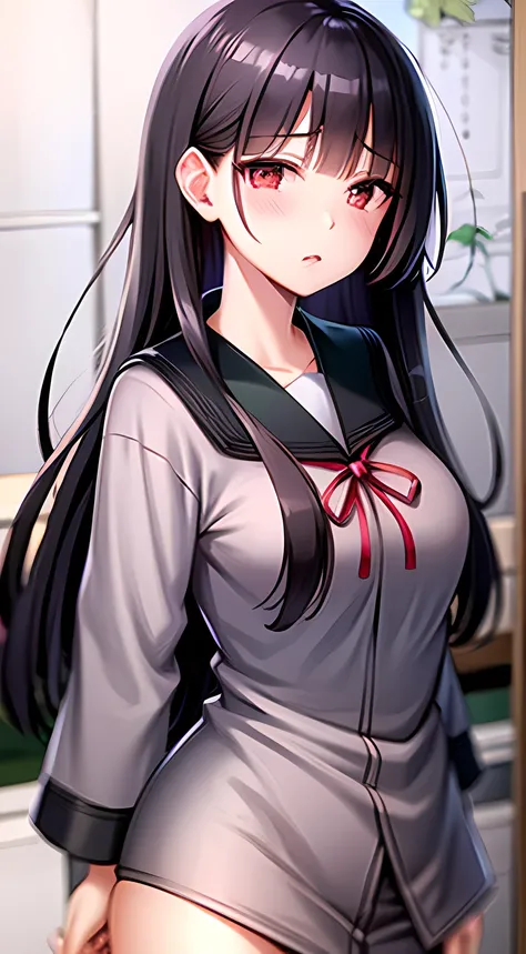 Black Hair Japanese school uniform Long hair, red eyes.