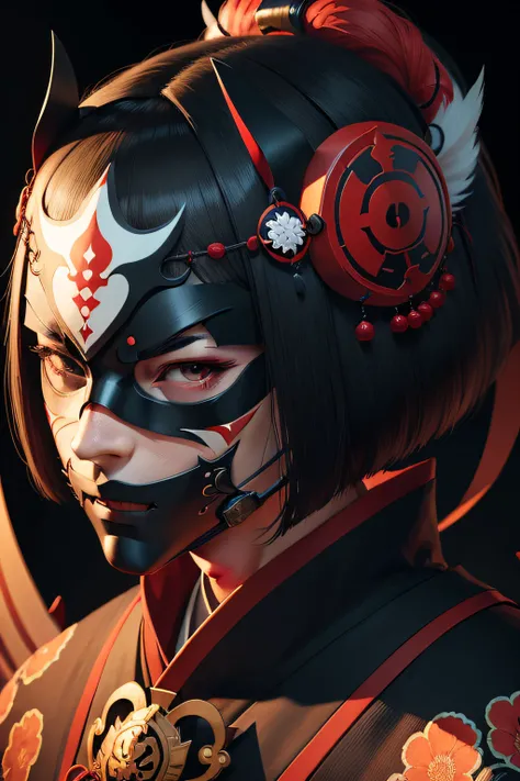 Portrait mask, illustrator, vector illustration, masterpiece, high quality, 8k, high resolution, high detail, japanese, onmyoji, (panru: 1.2), horror, evil, close-up, facing the audience, japanese pattern background