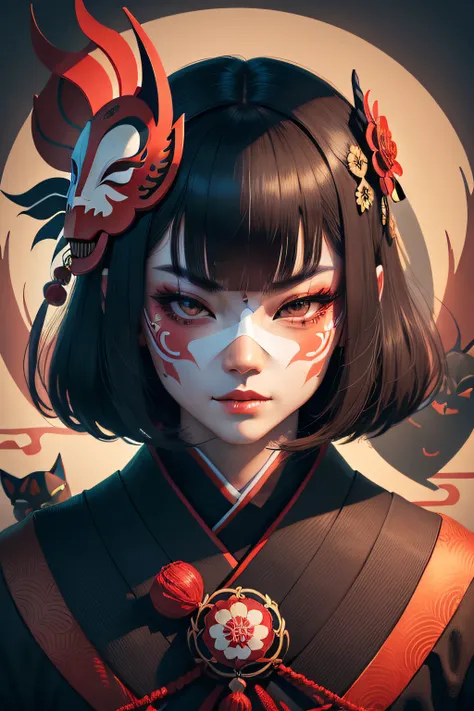 Portrait mask, illustrator, vector illustration, masterpiece, high quality, 8k, high resolution, high detail, japanese, onmyoji, (panru: 1.2), horror, evil, close-up, facing the audience, japanese pattern background