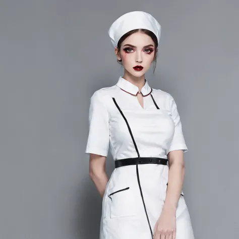 Girl in Nurse Costume, Soft breasts、shorth hair、Loose clothes、Gothic makeup、heavy make up、Lustrous lips、beauty legs、