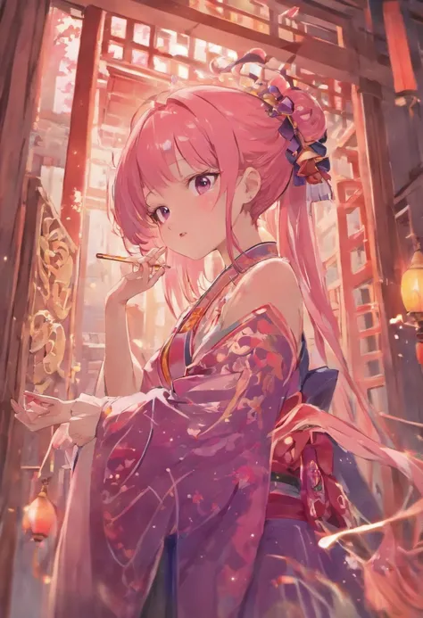 1girl, (ulzzang-6500:0.7), kpop idol, yae miko, detached sleeves, bare shoulders, pink hair, long hair, japanese clothes, best quality, (painting:1.5), (hair ornament:1.35), jewelry, purple eyes, earrings, breasts, torii,  cherry blossoms,  lantern light, ...