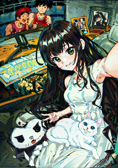 Anime girl sitting in chair，White cat，The cat sits on the girls lap，Medium black hair，Long hair