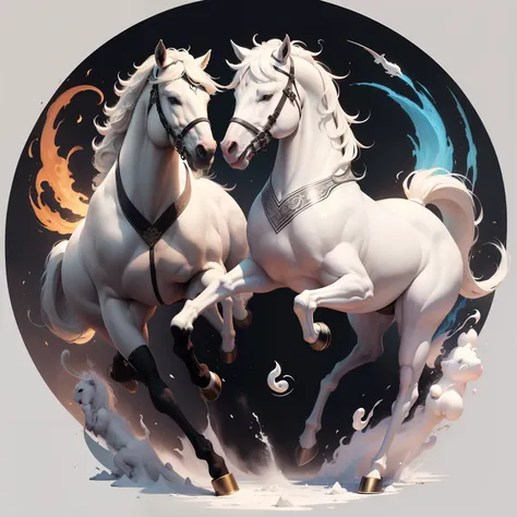 1 white horse running, a black and white yin symbol, ying and yang, yinyang shaped, yin yang, taoism, chinese, pick wu, inspired by Shūbun Tenshō, yan, inspired by Wu Wei, yee chong, yang qi, daoist, taoist master, circle, mu pan, asian, buddhist, tian zi,