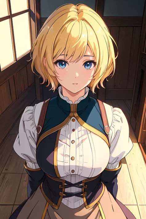 cute anime girl, blonde hair, short hair, medieval dress, brown boots, inside house, clean detailed faces, analogous colors, bea...