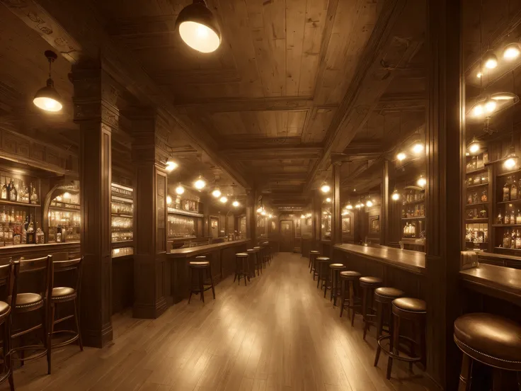 A bar at midnight, with a slate gray atmosphere, (warm colors: 1.3), luminosity, (intricate details: 1.2), warm lightbulbs, HDR, (detailed: 1.2), epic realism, artistic station.