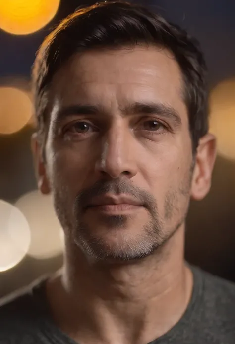 Portrait of 44-year-old man, cabeza ovalada, frente prominente, cabello oscuro, rounded chin, nariz bulbosa un poco respingona y redondeada, Character nose ,ojos hundidos y vivaces, ojos marrones calle de Torino, noche, paisaje urbano, luces de la ciudad, ...