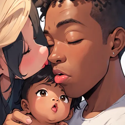 ((Photograph image of A hot Brobdingnagien sized Filipina giantess with gigantic, luscious, ginormagantuan, brobdingnagian sized thick lips, massively, smothering smooches a dwarf newborn black  African extremely tiny boy on the entire dwarf black boy baby...