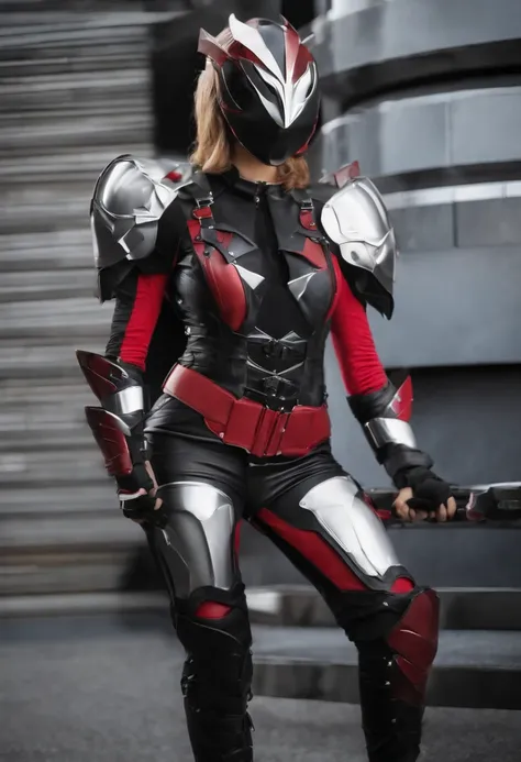 （（Girl Kamen Rider）），（（Steel Body Armor）），（（Transformation belt with knife holster）），（（（Full face mask made of steel））），（（（Leather bodysuit））），