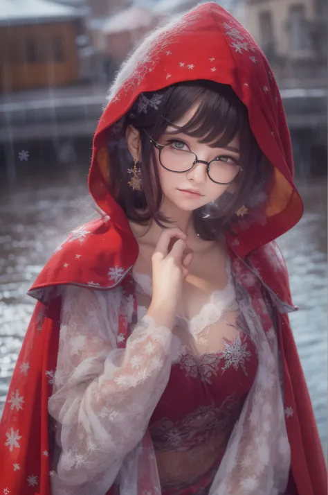 a matural female, intelligence, Delicate facial features, Beautuful Women, Red cape, Face the lens, Full breasts, Slim figure, beautifullegs, k hd, Highest image quality, The body is curvy, wears glasses, The background is by the river on a rainy day, blac...