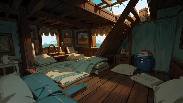 a detailed scene inside a large, ancient wooden ship, best quality, ultra-detailed, realistic:1.37. The ship is adorned with intricate carvings and elaborate designs, showcasing the craftsmanship of the era. The interior is dimly lit, with soft rays of sun...