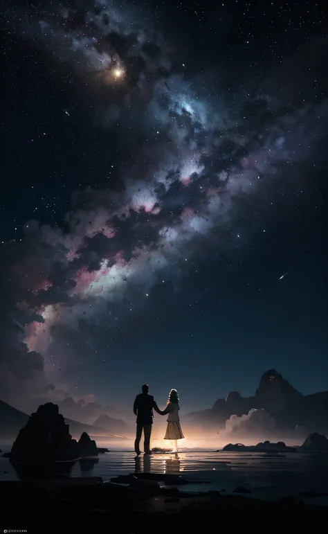 obra-prima, melhor qualidade, ultra-detalhado, illustration, Couple in love holding hands under the moonlight, Full moon in dark sky, solo, Ao ar livre, acampamento, noite, montanhas, natureza, Estrelas, lua, fogueira, floresta, Pedras, rio, madeira, smoke...