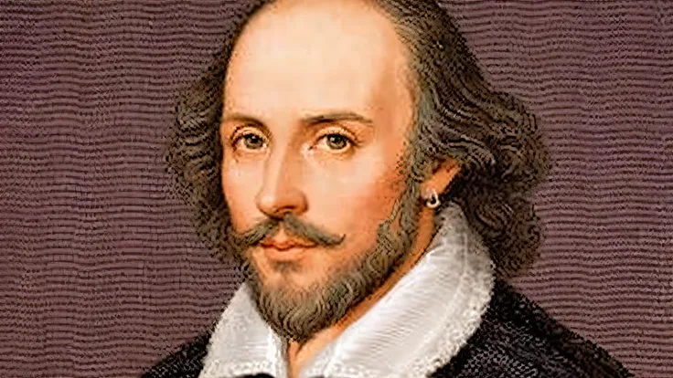 uma pintura de um homem com barba e colarinho branco, Guilherme Shakespeare, Shakespeare, William Shakespeare chorando, bardo, com uma barba pequena, artistic depiction, povoado, com queixo pontiagudo, cavanhaque, 1 0 0, 100, Cinebiografia, obra-prima intr...