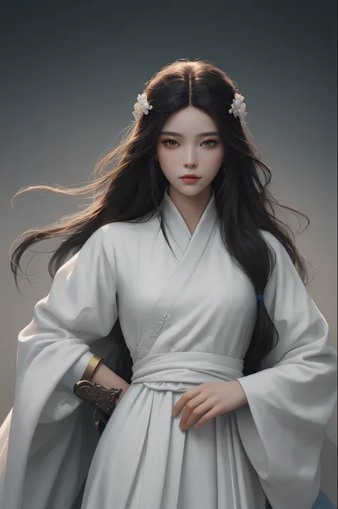 a close up of a woman with a sword in a white dress, a character portrait by Yang J, trending on cgsociety, fantasy art, beautiful character painting, artwork in the style of guweiz, guweiz, white hanfu, flowing white robes, full body wuxia, epic exquisite...