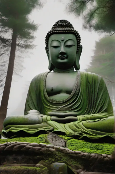 Close-up of a statue with its back leaning against a mountain,One with the mountains,Covered in moss, a Buddhist Buddha, face with artgram, Buddhism, Peaceful face, Buddhist,,详细的脸, Stoic face,photore, Zen temple background,of a real,Pubic area is clear,Mov...