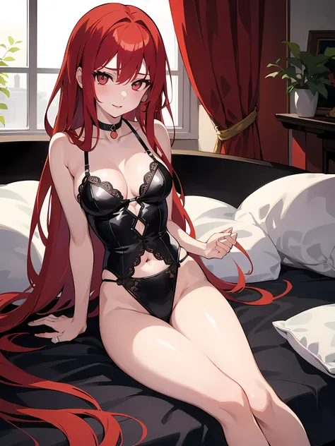 1girl, long red hair, reddish eyes, high res, ultrasharp, 8K, masterpiece, looking at viewer, image of a woman in a lingerie sitting on a bed, Seductive Anime Girl, charming anime girls, beautiful anime woman, Anime Girl, beautiful alluring anime girl