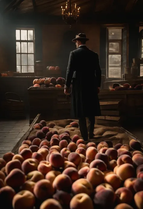 Have a group of men peaky blinders enter a pavilion full of fruit boxes, peach Some peaches fallen across the floor of the shed