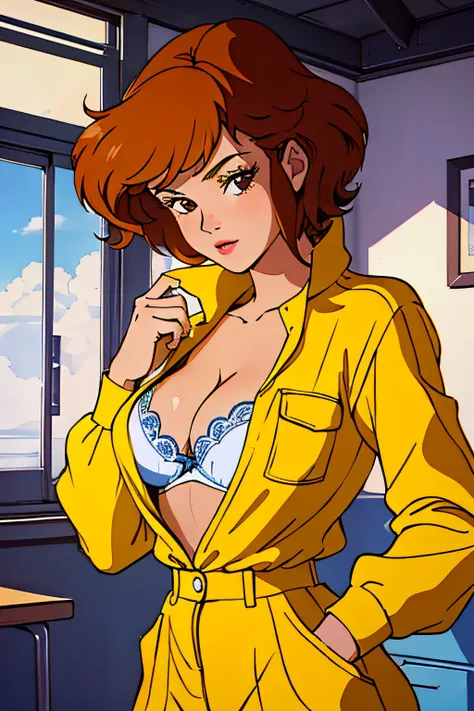 cowboy shot, april o'neil, 1980s \(style\), 1girl, brown hair, orange hair, retro artstyle, short hair, solo, yellow jumper suit...