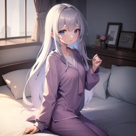 masterpiece, best quality, expressive eyes, illustration, 1girl, jewel blue eyes, long silver hair, a pink pyjama, on a bed