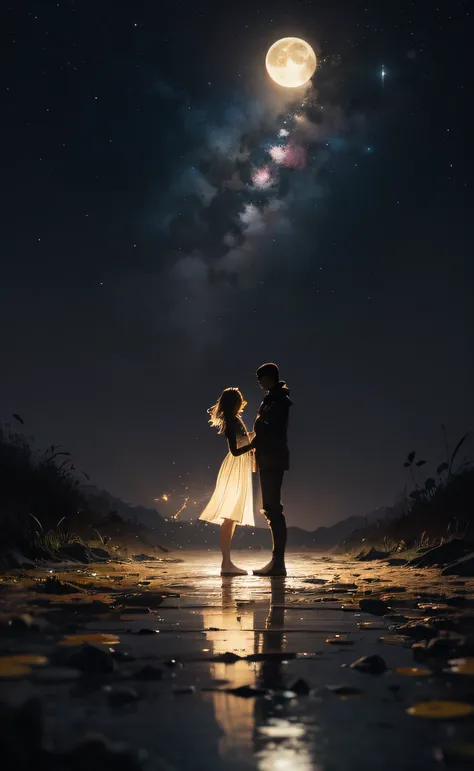 obra-prima, melhor qualidade, ultra-detalhado, illustration, Couple in love holding hands under the moonlight, Full moon in dark sky, solo, Ao ar livre, acampamento, noite, montanhas, natureza, Estrelas, lua, fogueira, floresta, Pedras, rio, madeira, smoke...