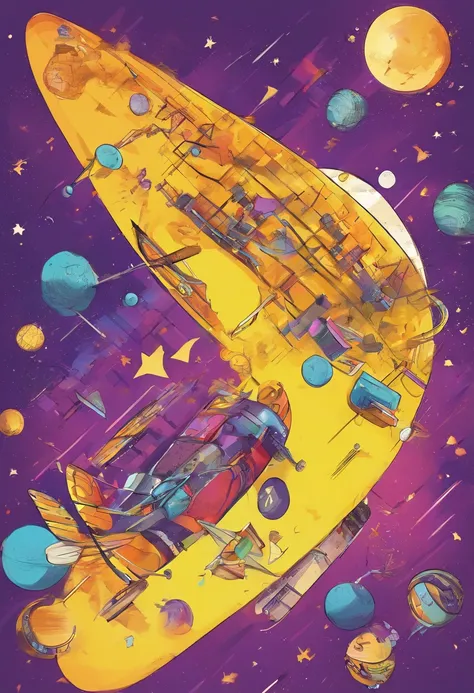 Music and relaxation, 插圖, with the musical notes flying in space, use apenas os tons de roxo e amarelo