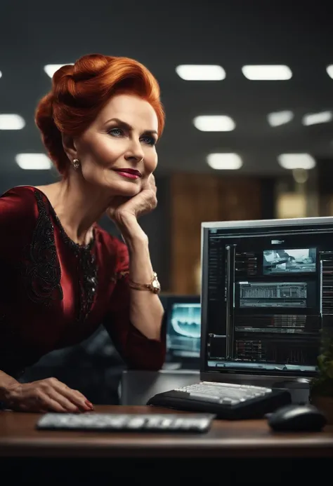 Eger and shiny, 8K, photo of the size of the beautiful European lady 50 years, braided updo, intricate detail, realistic texture, dynamic composition, high contrast, she is president of a technology company, she is in her office with the computer, red hair