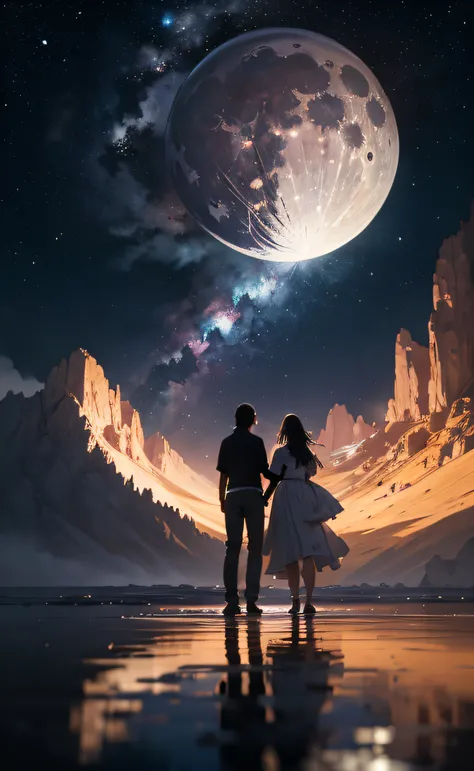 obra-prima, melhor qualidade, ultra-detalhado, illustration, Couple in love holding hands under the moonlight, Full moon in dark sky, solo, Ao ar livre, acampamento, noite, montanhas, natureza, Estrelas, lua, fogueira, floresta, Pedras, rio, madeira, smoke...