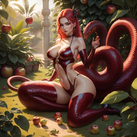 cobra vermelha, cobra gigante bem detalhada, disco Rigido, Ultra HD | | |, 8k, realista, Cobra enorme, Garden with apples, cobras nas arvores, corpo de mulher, Recreate Eve and the Serpent in the Garden of Eden, Bright and golden apple