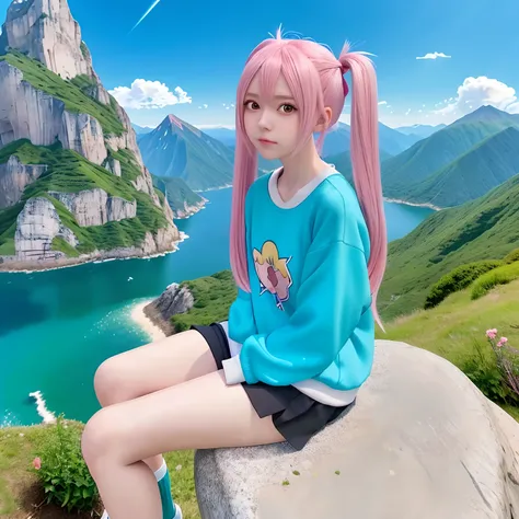 Anime girl sitting on rock，The background is a mountain, anime girl named lucy, rogue anime girl, Anime moe art style, anime best girl, (Anime girl), pink twintail hair and cyan eyes, High quality anime art style, Cute anime girl, An anime girl, Anime girl...