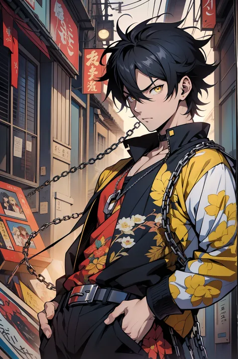 (Cabelo preto),Anime boy with chain around neck and yellow eyes, arte chave do anime, Gatilho Estilo de Arte de Anime, arte chave detalhada do anime, Principais visuais de anime, Camada de anime, inspirado em Okumura Masanobu, Estilo de arte da pessoa, man...