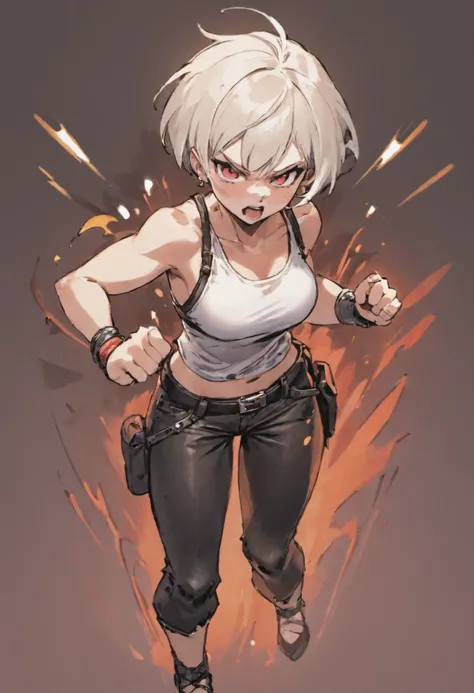 Female, with white short hair, bobcat style, wearing ripped tank top shirt, belt, and tight leather pants, in fighting pose