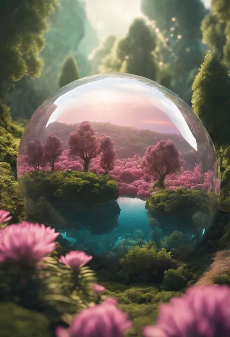 (((masterpiece))) (((best quality))) glass sphere, close-up of a planet with a bunch of trees on it, overgrown planet, green planet, fractal world, fantasy overgrown world, fantasy planet, Dyson sphere, pink planet, 3D render beeple, planetary landscape, r...