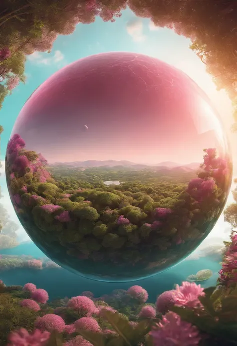 (((masterpiece))) (((best quality))) glass sphere, close-up of a planet with a bunch of trees on it, overgrown planet, green planet, fractal world, fantasy overgrown world, fantasy planet, Dyson sphere, pink planet, 3D render beeple, planetary landscape, r...