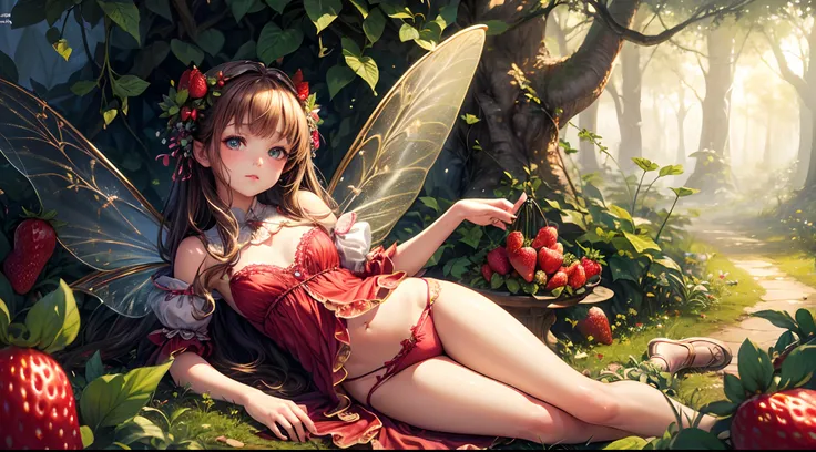 ( Absurd, High quality, ultra-detailed, masterpiece, concept art, smooth, highly detailed artwork, hyper-realistic painting ) , tiny little girl, strawberry girl, Strawberries, cute, whole body, Romantic, Vivid, dreamy, fantasy, fairy wings, in the forest,...