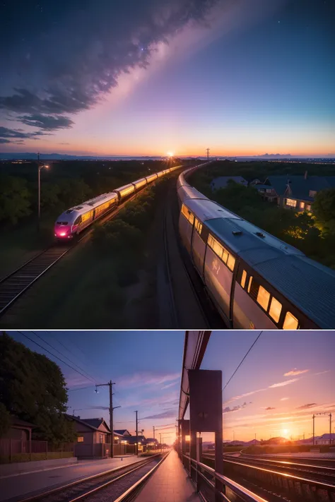 comic strip，anime big breast，Makoto Shinkai anime，Makoto Shinkai concept art animation，（Romantic pink train：1.4），railway，Brilliant starry sky，the setting sun，Sunset，lindo cenario，super-fine，tmasterpiece，8K，best qualtiy