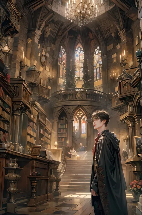 (absurdres, highres, ultra detailed, HDR), masterpiece, best quality, Harry Potter character inside hogwarts, handsome face, anime eyes, detailed interior, detailed character