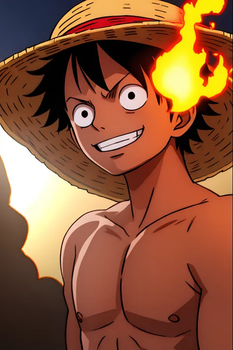 1boy, wanostyle, monkey d luffy, smiling, straw hat, looking at viewer, solo, upper body, ((masterpiece)), (best quality), (extremely detailed), depth of field, sketch, dark intense shadows, sharp focus, soft lighting, hdr, colorful, good composition, fire...