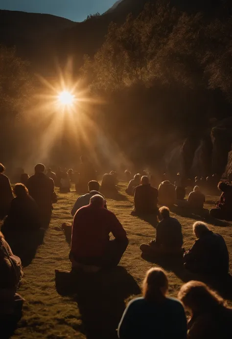 Ultra realistic photo of people praying with some daylights in the background, 8k resolution.