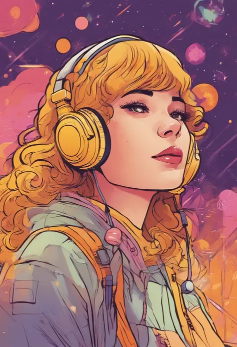 a LOFI figure of a woman listening to music and transitioning into space, onde as notas musicais vao saindo do seu fone de ouvido, estilo cartoon, com cores amarelo e roxa apenas