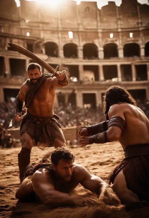 (best quality, cinematic, dramatic, gladiators fighting to the death), intense battle, blood splattered, epic scenery, slow motion, intense close-ups, powerful emotions, fear and determination, roaring crowd, dramatic lighting, grand spectacle, tense atmos...