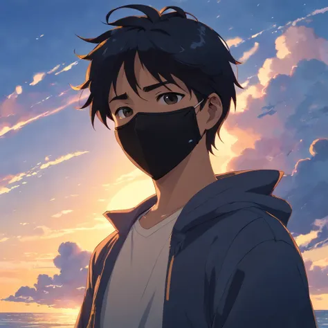 Masterpiece, Best quality, cinematic Film still from, 1 adolescent male, mature, (((Black mask))), Side face, Black hair, Cloud, Floating in the sky, Close-up, Bright, Warm and soft lighting, Sunset, (spark of light:0.7)