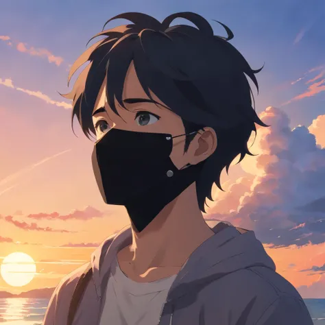 Masterpiece, Best quality, cinematic Film still from, 1 adolescent male, mature, (((Black mask))), Side face, Black hair, Cloud, Floating in the sky, Close-up, Bright, Warm and soft lighting, Sunset, (spark of light:0.7)