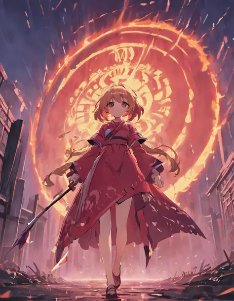 Maiden standing behind the village while wielding a violet scythe under the raining red moon