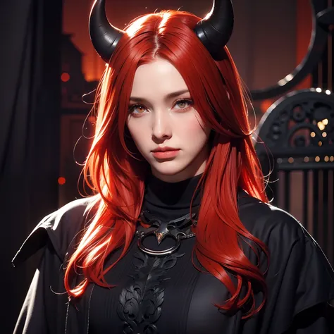 A woman, red hair mixed with black, orange eyes, black horns