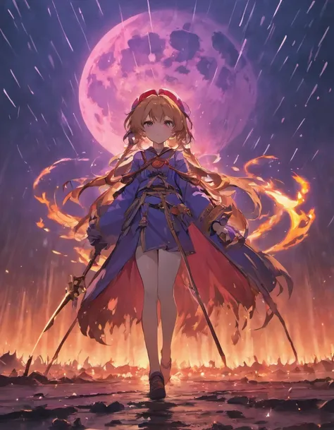 Maiden standing behind the burning village with dead bodies while wielding a violet scythe under the raining red moon