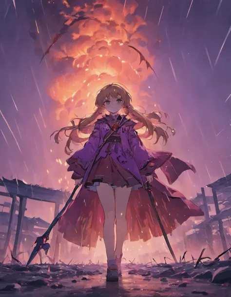 Maiden standing behind the burning village with dead bodies while wielding a violet scythe under the raining red moon