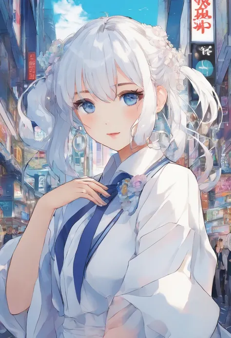 White color hair，Double ponytail curls，blue color eyes，White Lolita，Beth，A bustling city street